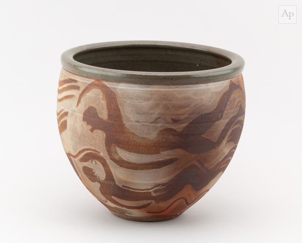 michael casson 1925 2003 a deep stoneware swimmer bowl covered in dry ash glaze with paper resist decoration impressed mc mark height 20 5cm · Adam Partridge Auctioneers · 2026-03-27 Michael Casson comparable auction result: michael casson 1925 2003 a deep stoneware swimmer bowl covered in dry ash glaze with paper resist decoration impressed mc mark height 20 5cm