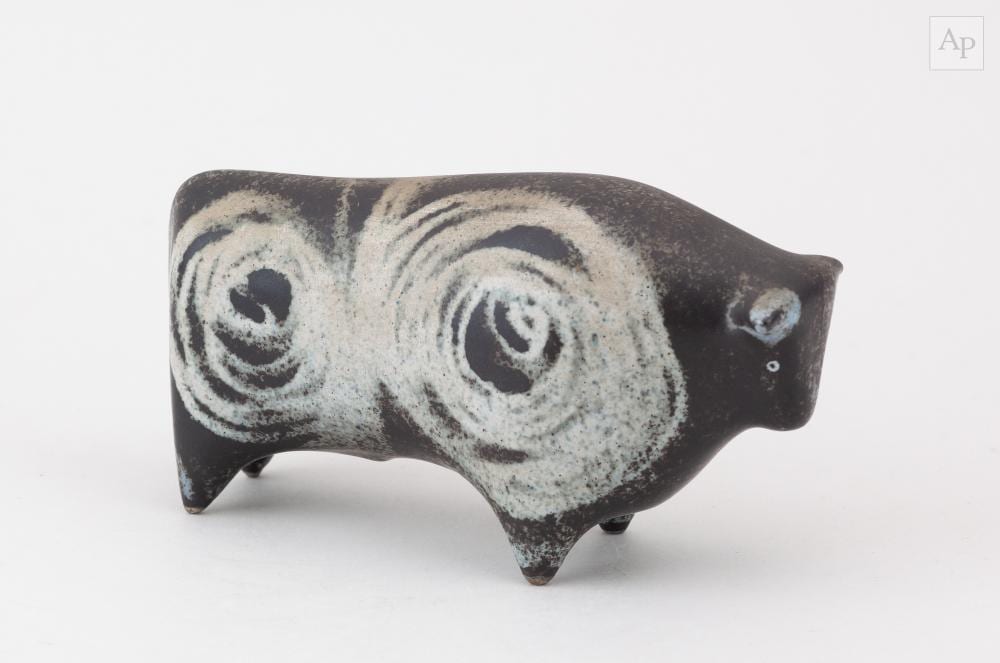 Peter Wright comparable auction result: peter wright 1919 2003 a stoneware sculpture of a bull decorated with spirals incised pw mark length 14 5cm
