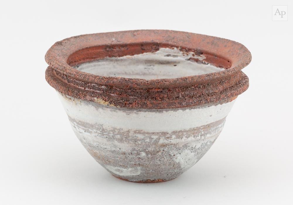 Robin Welch comparable auction result: robin welch 1936 2019 a stoneware bowl partially covered in pitted grey and white glaze with rust red double rim impressed rw mark diameter 21cm