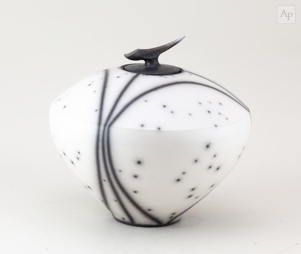 Tim Andrews comparable auction result: tim andrews born 1960 an angular raku jar and cover with horn finial sprigged ta mark dated 2002 height 21 5cm