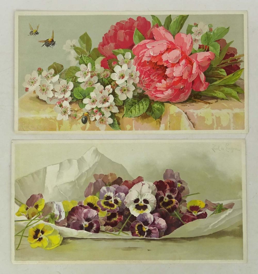 Two framed floral prints showing red pink peonies and white blossoms with bees, and a second bouquet of pansies in a pale envelope-like setting.