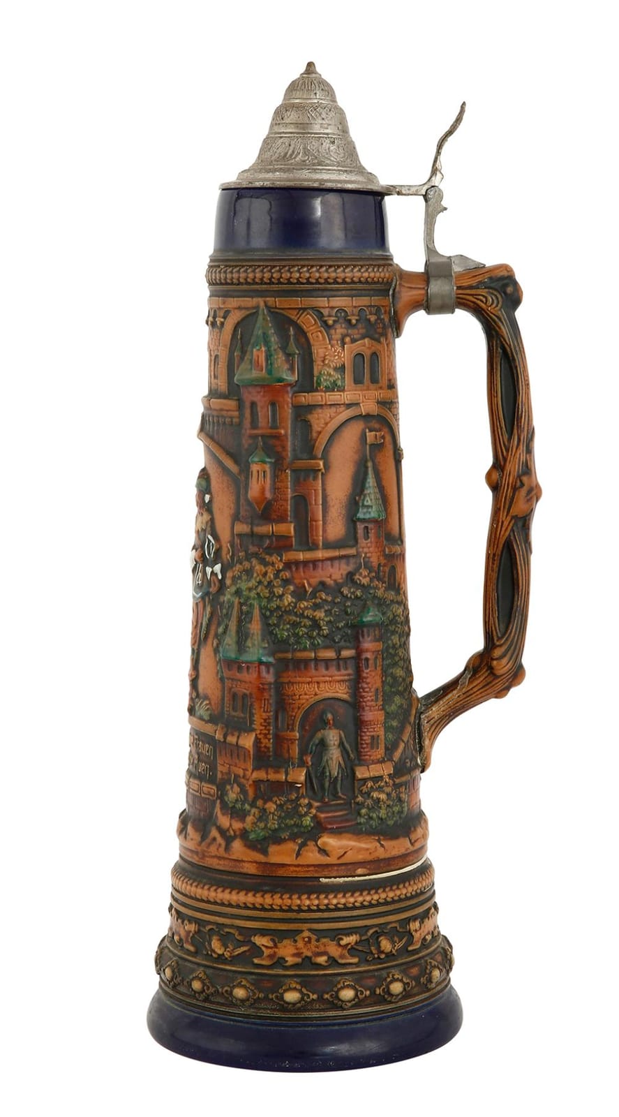 Tall German beer stein with dark blue lid and handle, decorated with a castle scene and figures in colorful relief.