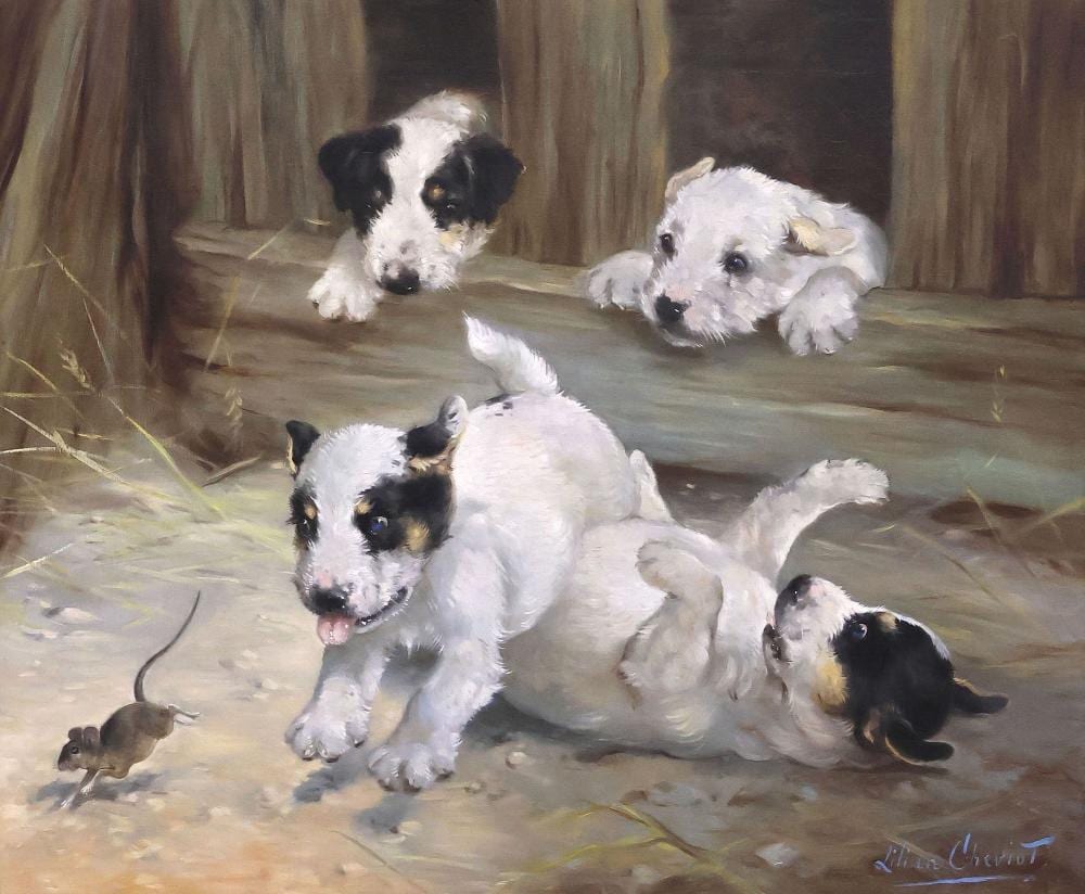 Lilian Cheviot comparable auction result: lilian cheviot british d 1936 painting terrier puppies chasing a mouse