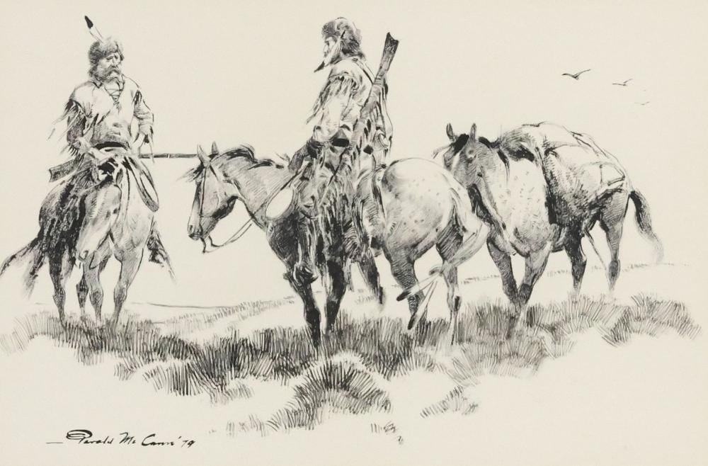 Gerald McCann comparable auction result: gerald mccann d 1995 western ink drawing mountain men