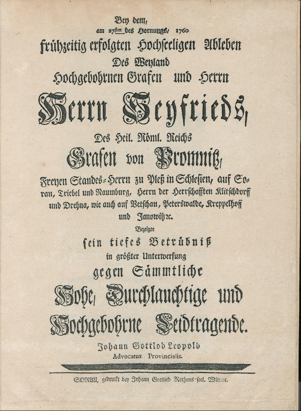 Leopold Venus comparable auction result: leopold johann gottlob bey dem am 27sten des hornungs 1760 fruehzeitig erfolgten hochseeligen ableben des grafen und herrn seyyfrieds