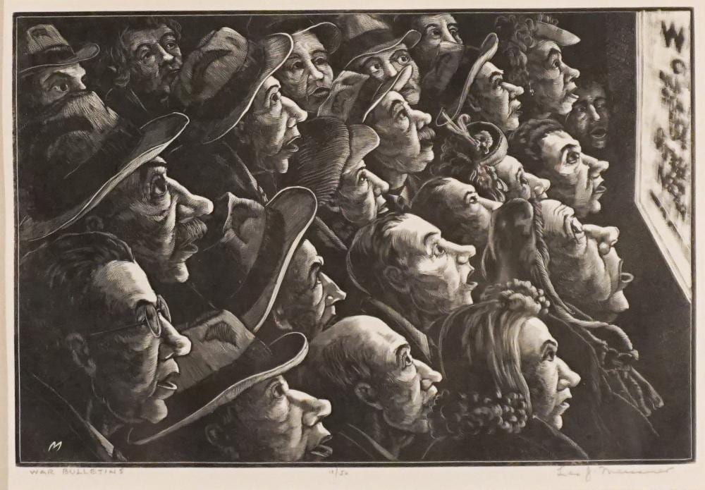 leo john meissner american 1895 1977 war bulletins wood engraving circa 1942 sight size 171 x 241 mm 6 3 4 x 9 1 2 in frame 15 x 16 3 4 in 38 1 x 42 5 cm · Weschler's · 2026-03-27 Leo John Meissner comparable auction result: leo john meissner american 1895 1977 war bulletins wood engraving circa 1942 sight size 171 x 241 mm 6 3 4 x 9 1 2 in frame 15 x 16 3 4 in 38 1 x 42 5 cm