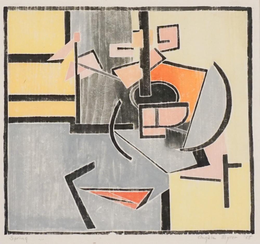 Angèle Myrer comparable auction result: ang le myrer american 1896 1970 spring white line woodblock print in color 1958 sight size 305 x 330 mm 12 x 13 in frame 21 x 22 in 53 3 x 55 9 cm