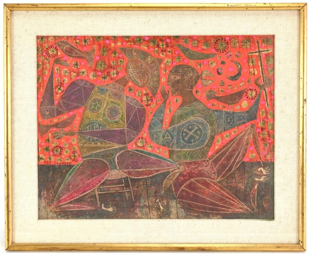 Rex Clawson comparable auction result: rex clawson nyc tx no i 1954 casein and crayon on board