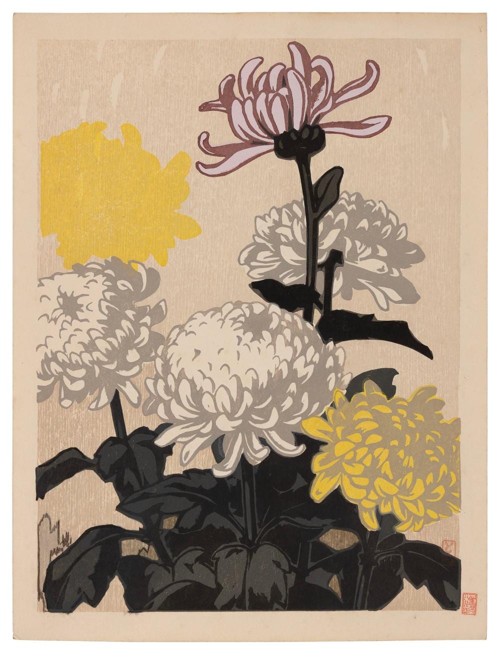 Tomoo Inagaki comparable auction result: tomoo inagaki japan 1902 1980 chrysanthemums 1975 woodblock print dai oban tate e 19 25 x 14 50 unframed