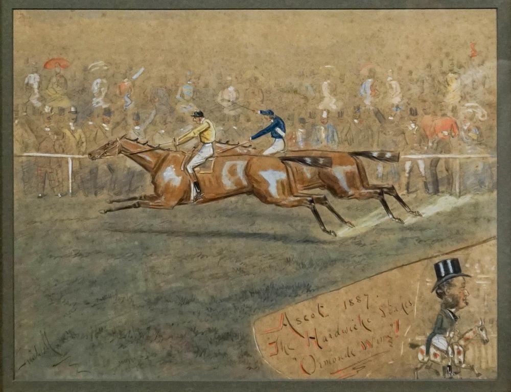 Finch Mason comparable auction result: finch mason british 19th century the hadwick stakes watercolor and ink on paper signed l l frame 17 1 2 x 21 in 44 5 x 53 3 cm