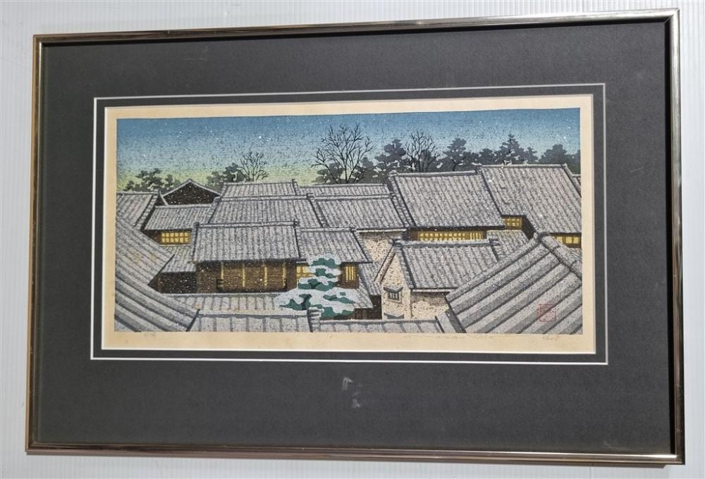 Ido Masao comparable auction result: masao ido japanese 1945 2016 untitled winter roofs woodblock print edition 4 200 signed lower right 20 5 x 44 cm