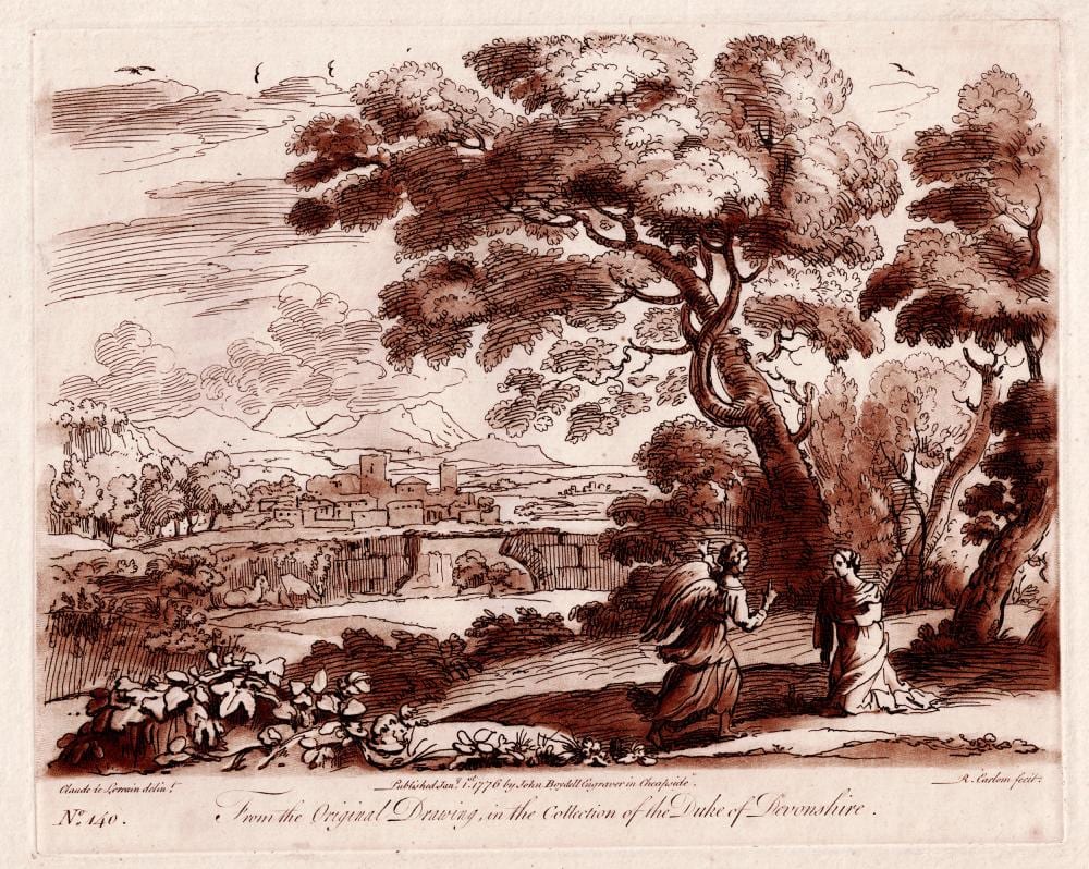 Claude Lorrain comparable auction result: claude lorrain the angel comforting hagar by richard earlom 1776