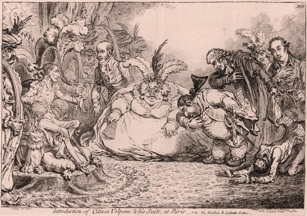 James Gillray comparable auction result: james gillray napoleon receives the obeisance of the enormous mrs fox