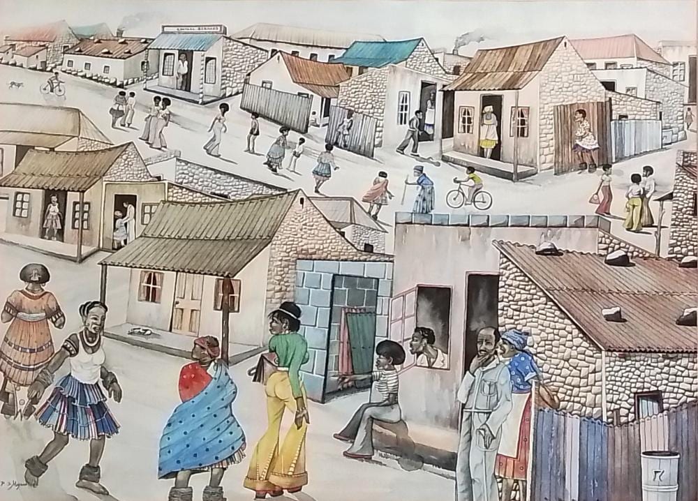 David Phaswane Mogano comparable auction result: david mogano 1932 2002 watercolor street scene