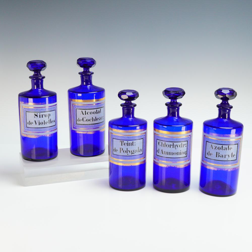 Auction comp thumbnail for 5pc French Cobalt Blue Glass Apothecary Bottles (Lion and Unicorn, Lot 201)