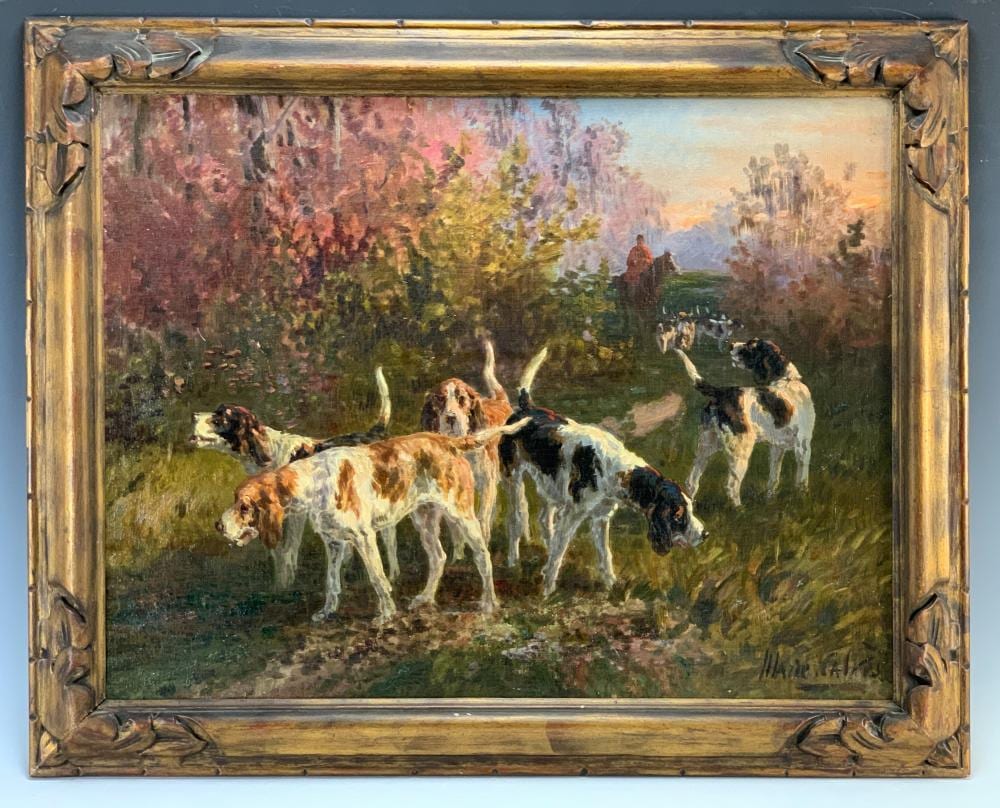 Marie Calves comparable auction result: marie calves oil painting group of dogs hunting