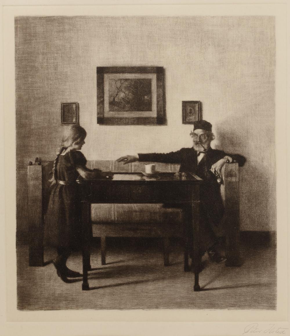 Peter Ilstedt comparable auction result: peter ilsted 1861 1933 a visit to grandfather pencil signed to the margin etching 30 x 26 5cm