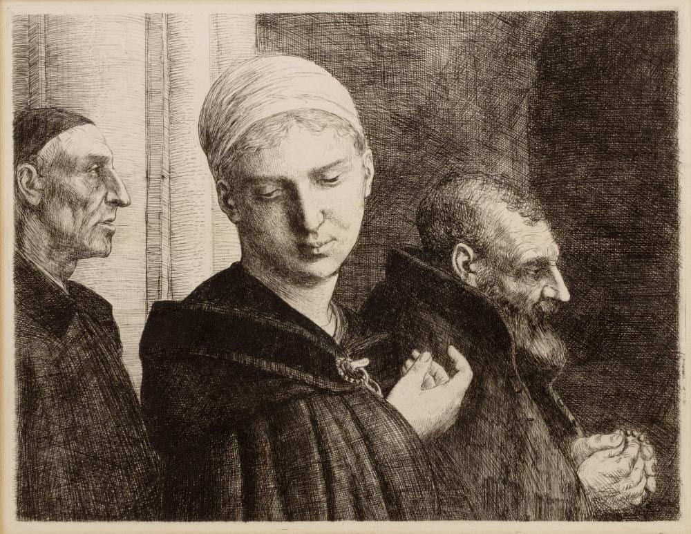Alphonse Legros comparable auction result: alphonse legros 1837 1911 the baptism etching 21 x 27cm and william strang 1859 1921 meal time etching 19 x 26cm 2