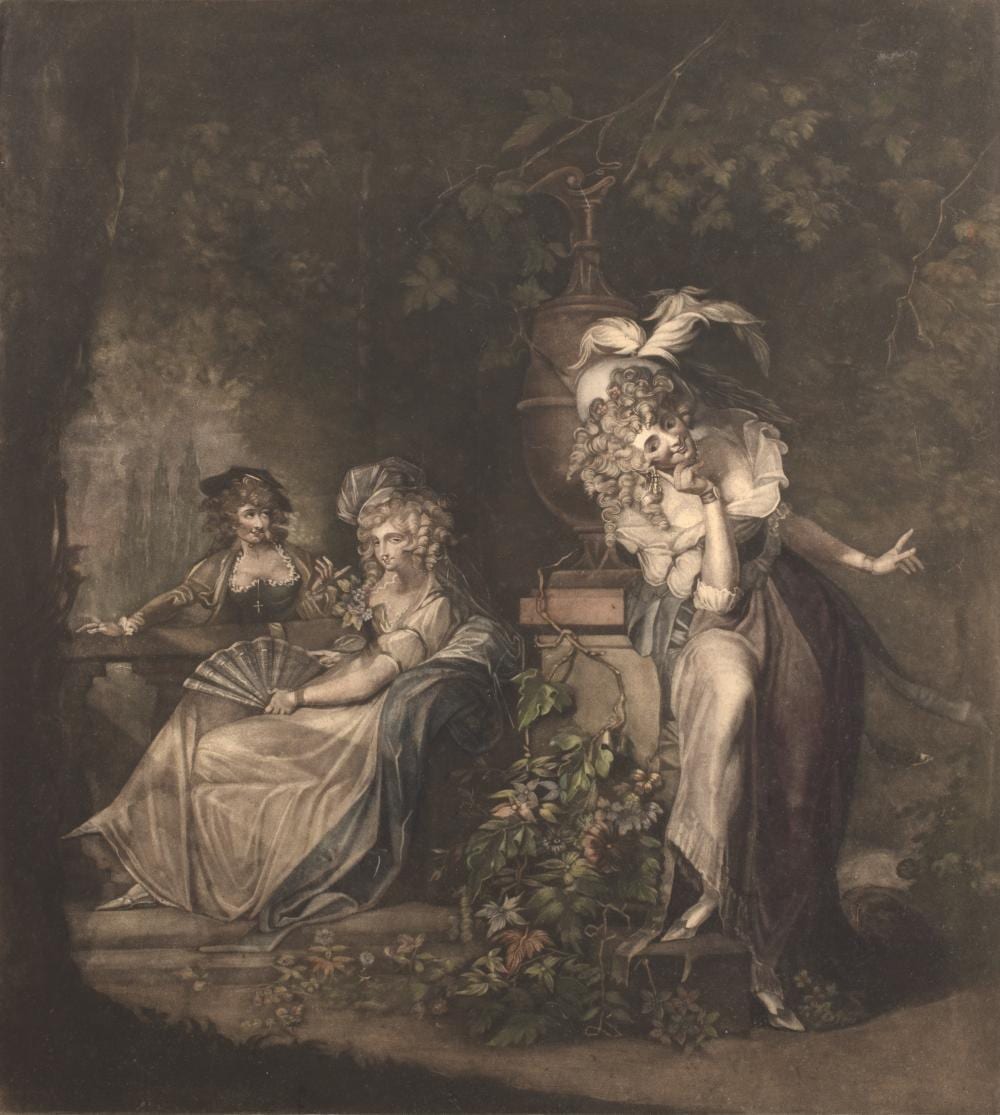 John Jones comparable auction result: john jones after henry fuselli beatrice listening to hero and ursula mezzotint in colours 49 5 x 45cm in maple frame