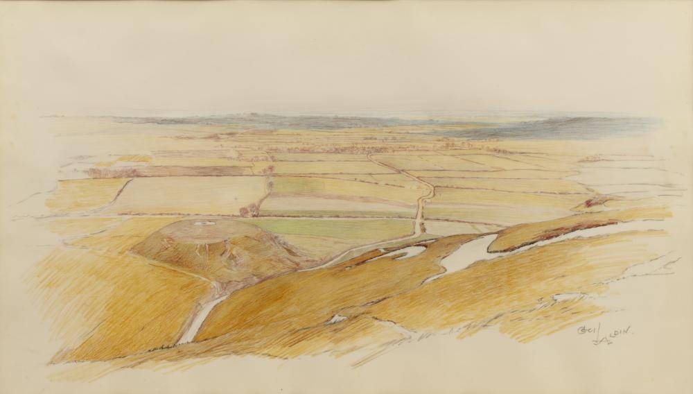 Cecil Charles Windsor Aldin comparable auction result: cecil aldin 1870 1935 an extensive landscape signed pencil and coloured chalks on ivorine 33 x 58 5cm and a further print aafter the same hand ploughing team 2