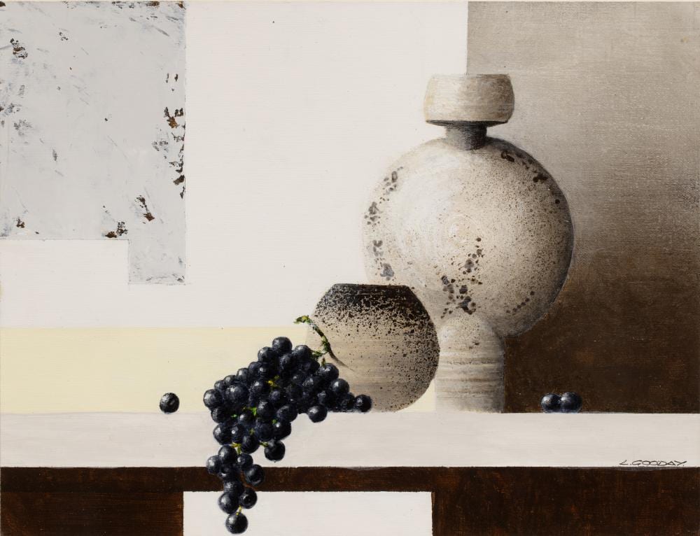 leslie gooday 1921 2013 concept 42 with hans coper pot signed acrylic 25 x 33cm exhibited mall galleries 1997 · Mallams · 2026-03-25 Leslie Gooday comparable auction result: leslie gooday 1921 2013 concept 42 with hans coper pot signed acrylic 25 x 33cm exhibited mall galleries 1997