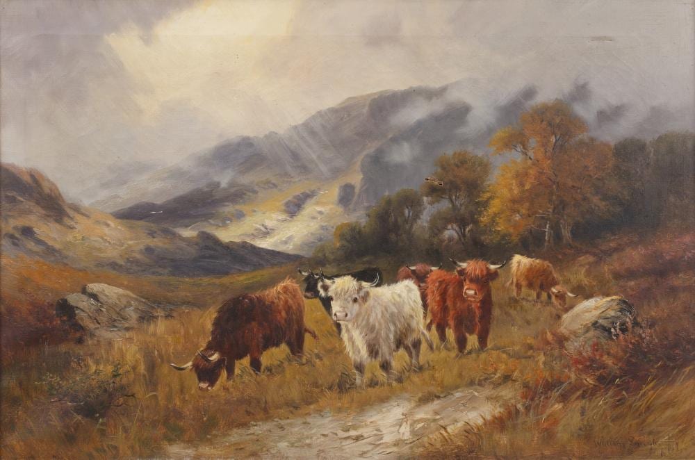 William Langley comparable auction result: william langley act 1880 1920 hillside with highland cattle signed and indistinctly dated oil on canvas 49 5 x 75cm