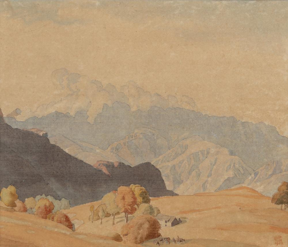 Charles March Gere comparable auction result: charles march gere 1869 1957 mountain landscape signed with monogram and dated 1932 watercolour 22 x 25 5cm provenance christies the neil wilson collection 4 9 14 lot 145