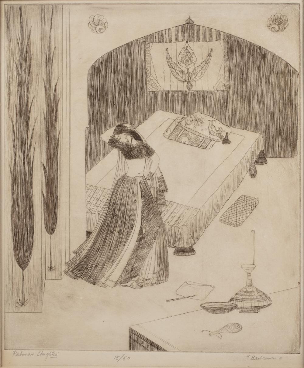 Abdur Rahman Chughtai comparable auction result: abdur rahman chughtai 1897 1975 bedroom pencil signed and titled to the margin etching 33 x 28cm mounted but unframed