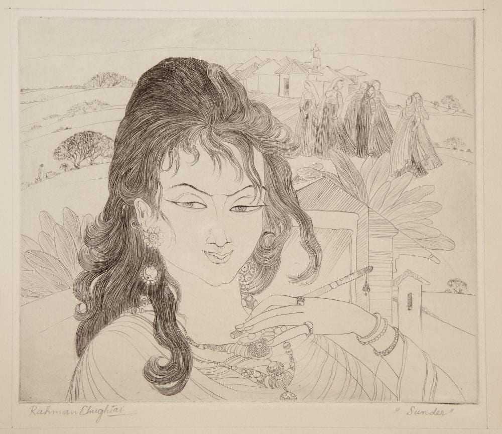 Abdur Rahman Chughtai comparable auction result: abdur rahman chughtai 1897 1975 sunder pencil signed and titled to the margin etching on watermarked whitchurch laid paper 20 x 24cm unframed