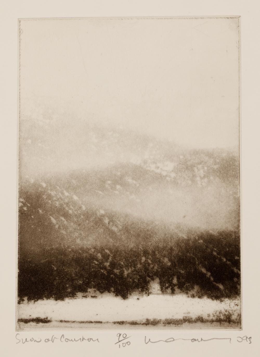 Norman Ackroyd comparable auction result: norman ackroyd 1938 2024 snow at coniston pencil signed dated 95 inscribed with title and no 90 100 to the margin etching with aquatint 16 x 11 5cm unframed