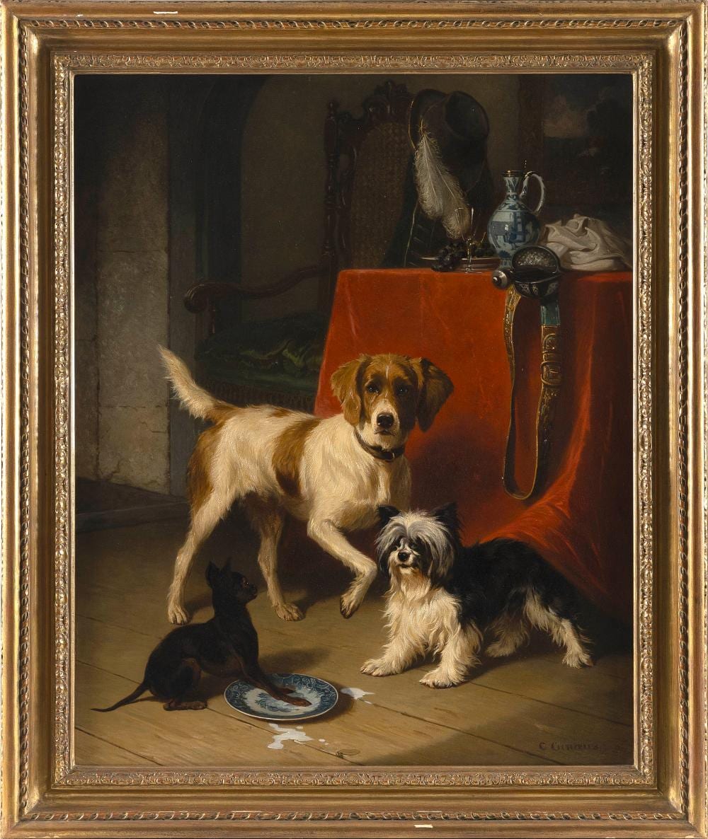 Conradyn Cunaeus comparable auction result: conradyn cunaeus the netherlands 1828 1895 spilt milk oil on panel 27 5 x 22 framed 32 5 x 27 25