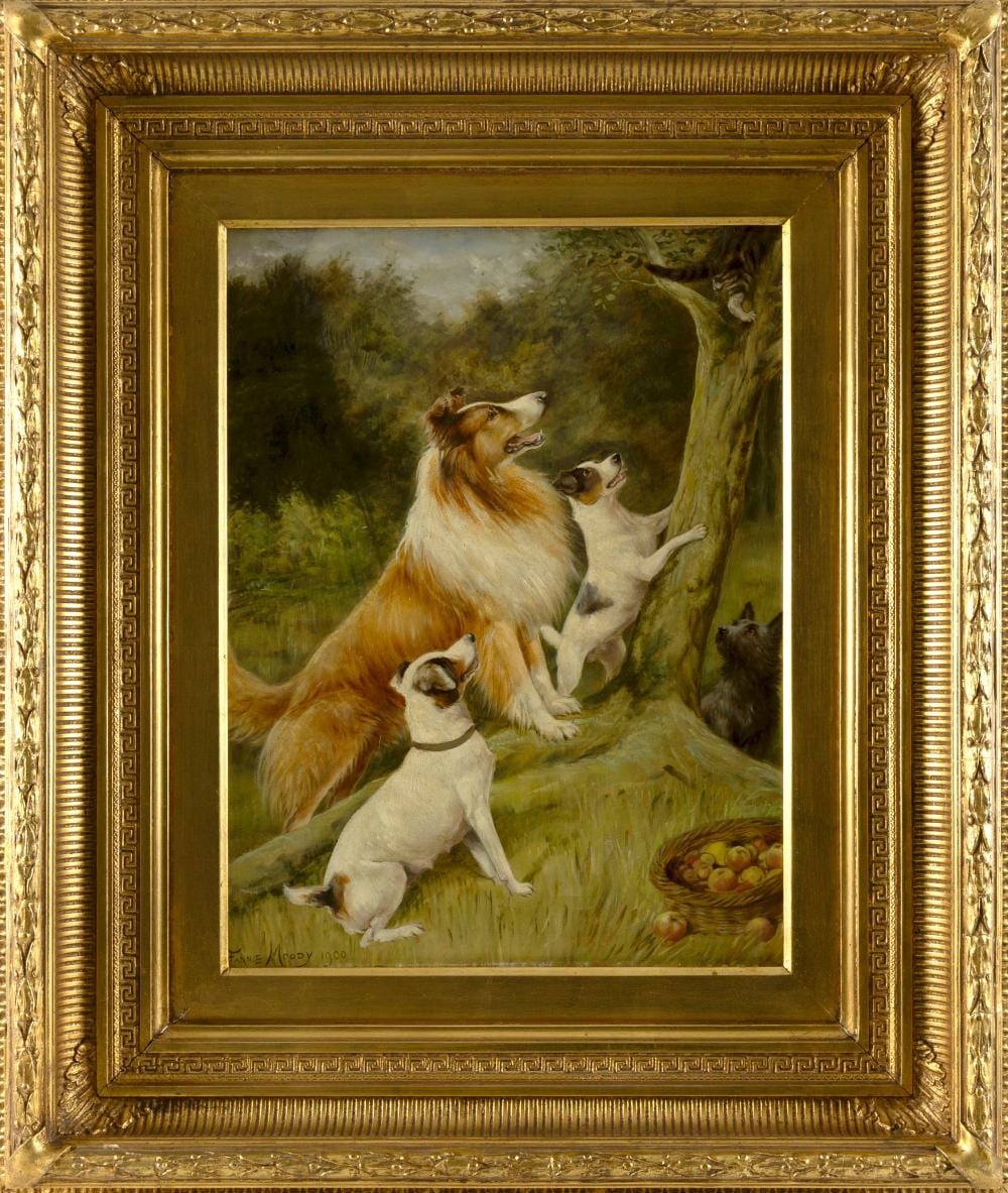 Fannie Moody comparable auction result: fannie moody united kingdom 1861 1948 a critical moment four dogs treeing a cat oil on canvas 24 x 19 framed 38 x 32