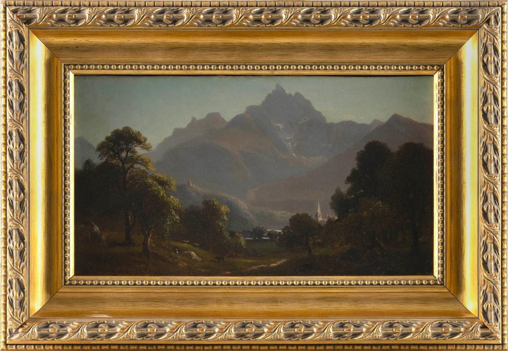 Benjamin Champney comparable auction result: benjamin champney massachusetts new hampshire 1817 1907 continental mountain scene oil on canvas 10 x 18 framed 17 x 25