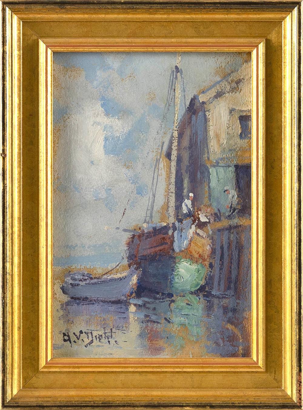 Arthur Vidal Diehl comparable auction result: arthur vidal diehl massachusetts new york england 1870 1929 fishing boat at the wharf oil on board 9 x 6 framed 11 5 x 8 5