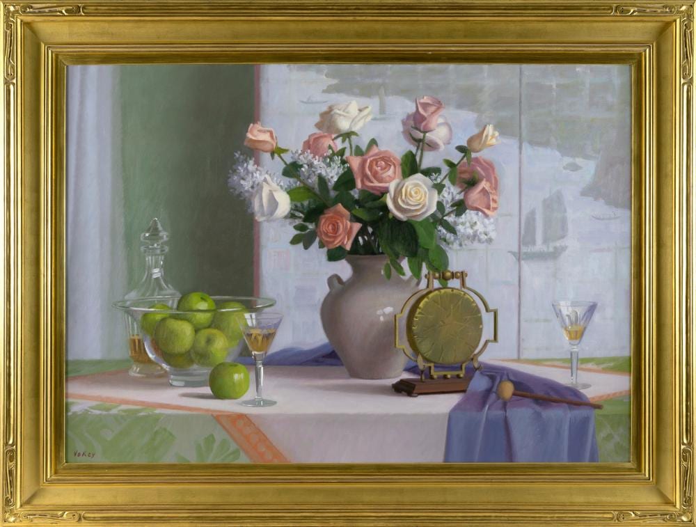 Sam Vokey comparable auction result: sam vokey massachusetts 1963 tabletop still life with a bouquet of roses a bowl of green apples a gong and glasses of claret oil on canvas 28 x 40 framed 37 x 48 5