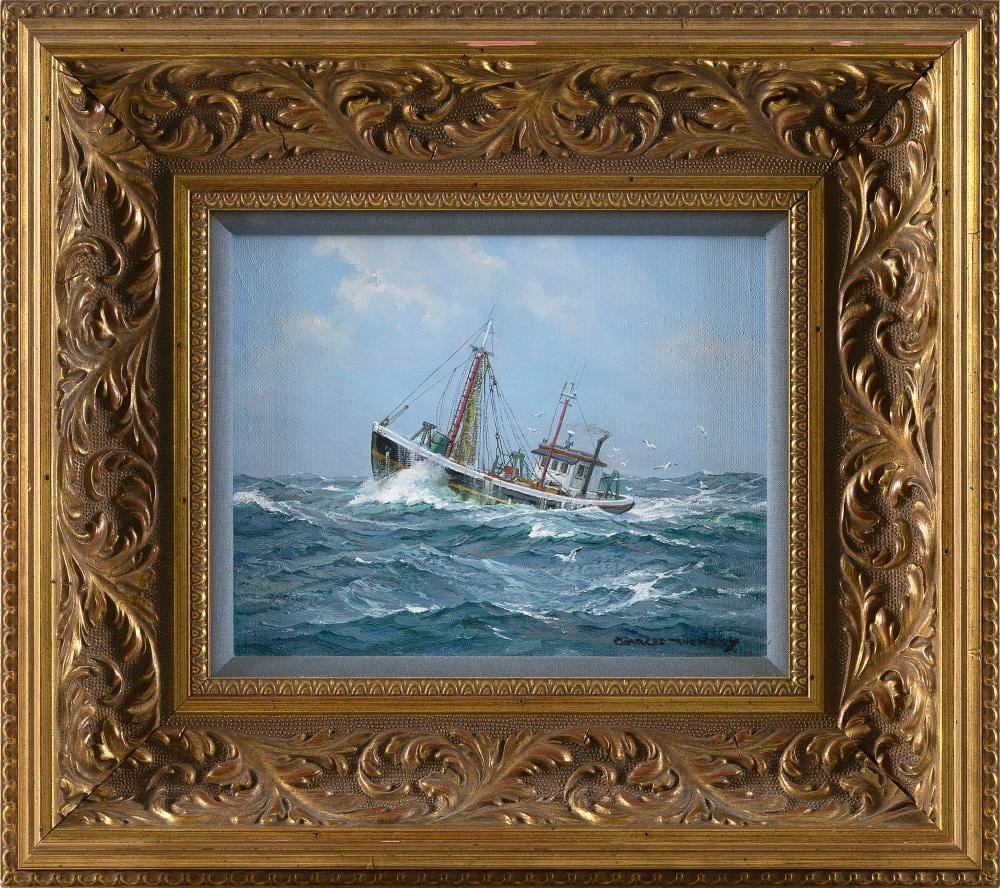 Charles Vickery comparable auction result: charles vickery illinois 1913 1998 fishing trawler at sea oil on board 8 x 10 framed 16 x 18