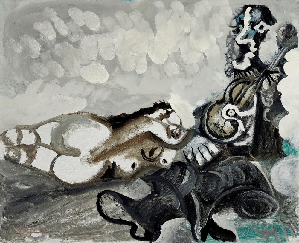 Pablo Picasso (1881-1973). Nu couché et musicien. oil and Ripolin on canvas comparable sale