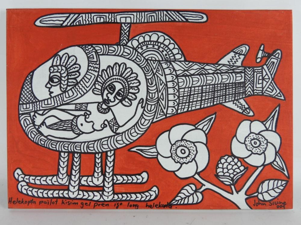 John SIUNE (Né en 1965), école Chimbu, Papouasie Nouvelle-Guinée : Hélicoptère fond rouge - Helekopta pailot kisim gel pren igo long helekopta. sold by Pousse-Cornet, lot 343 — auction record photograph