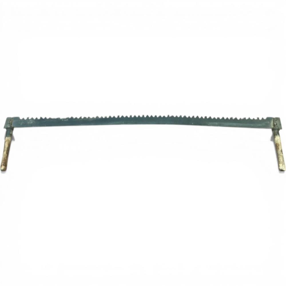 Hand saw tool with a long dark blade and toothed edge, held by two angled wooden handles.
