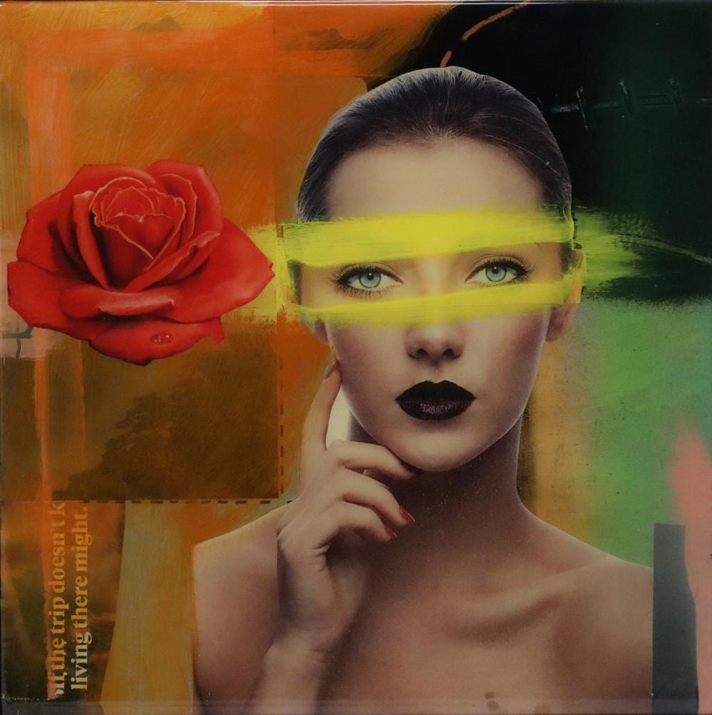 Dean Reilly comparable auction result: dean reilly qld mixed media collage woman with rose approx 40cm square note unsigned and attributed