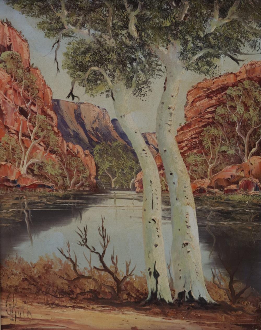 henk guth oil on board ellery gorge signed lower left and details to plaque approx 49cm x 39cm · Albion Antique Auction Centre · 2026-03-26 Henk Guth comparable auction result: henk guth oil on board ellery gorge signed lower left and details to plaque approx 49cm x 39cm