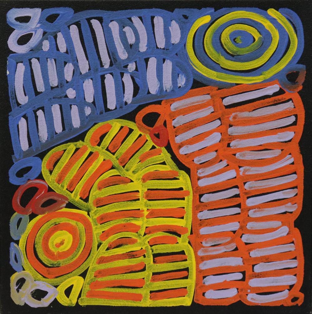Betty Mbitjana comparable auction result: betty club mbitjana oil on canvas aboriginal art signed to verso approx 32cm x 32cm