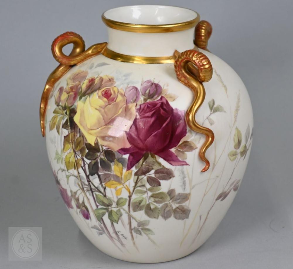 Edward Julius Detmold comparable auction result: a victorian royal worcester globular vase with three serpent handles painted with roses by edward