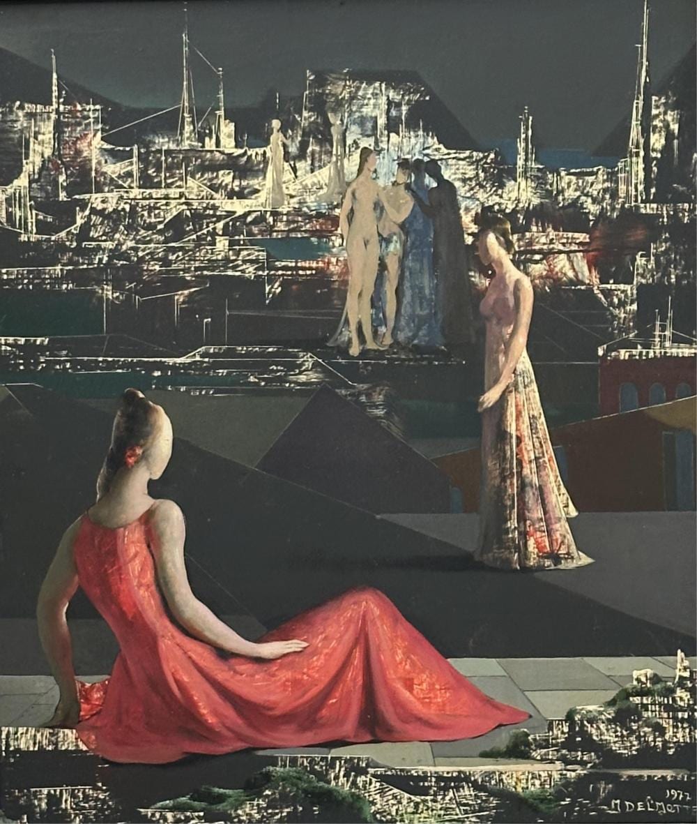 Marcel Delmotte comparable auction result: marcel delmotte 1901 1984 paysage surr aliste aux femmes 1977 huile sur panneau dimensions 68 x 59 cm