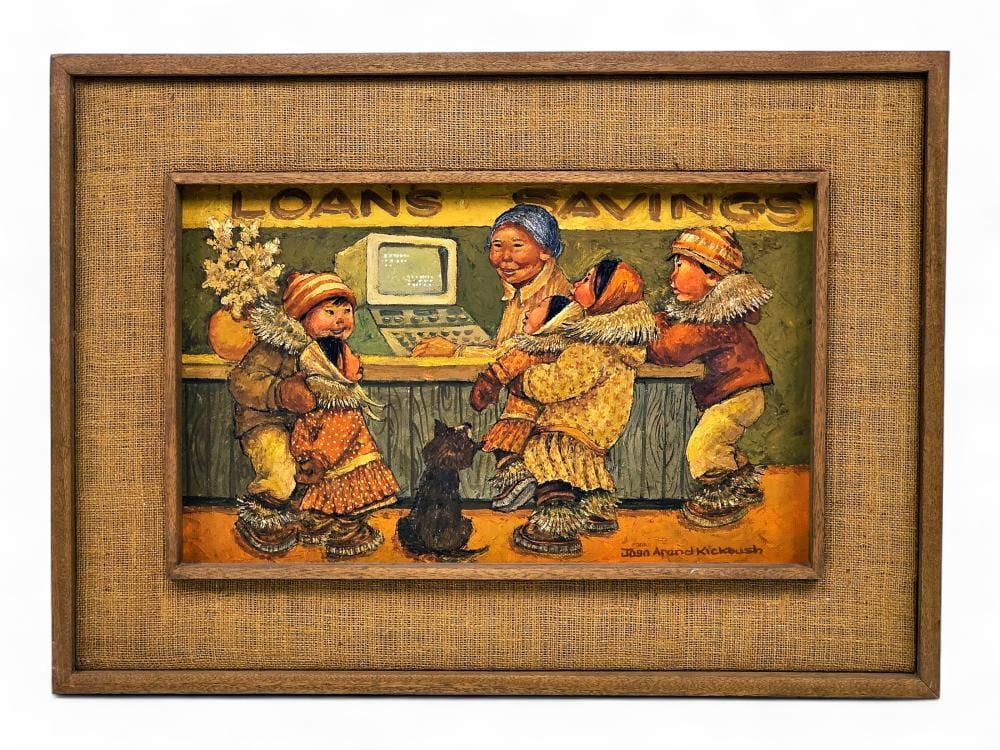 Joan Arend Kickbush comparable auction result: joan arend kickbush oil painting of a banking scene