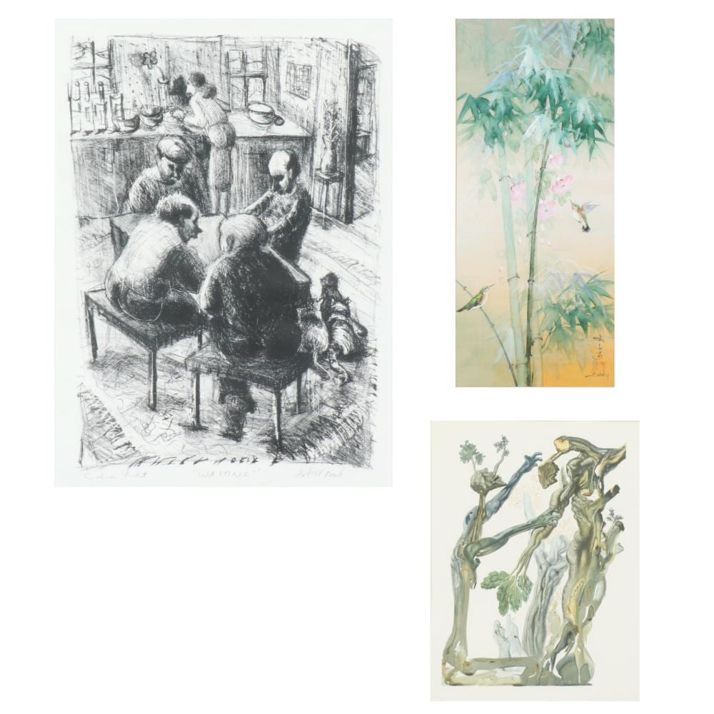 Group of three framed works: Julia Licht?, Waiting, lithograph on paper; Salvador Dali, The Forest of the Suicides, offset print on paper; Japanese Bamboo and humming bird scene, watercolor on silk. 16 1/2"H x 12"W (sigh sold by Ripley Auctions, lot 286 — auction record photograph