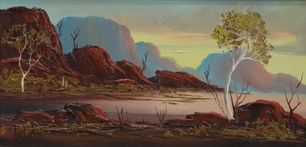 henk guth oil on board central australian landscape signed lower left approx 28 5cm x 14cm · Albion Antique Auction Centre · 2026-03-26 Henk Guth comparable auction result: henk guth oil on board central australian landscape signed lower left approx 28 5cm x 14cm