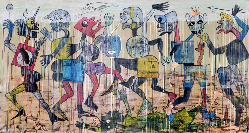 Blessing Ngobeni comparable auction result: blessing ngobeni sa born 1985 oil dancing figures signed dated 2020 158 x 296