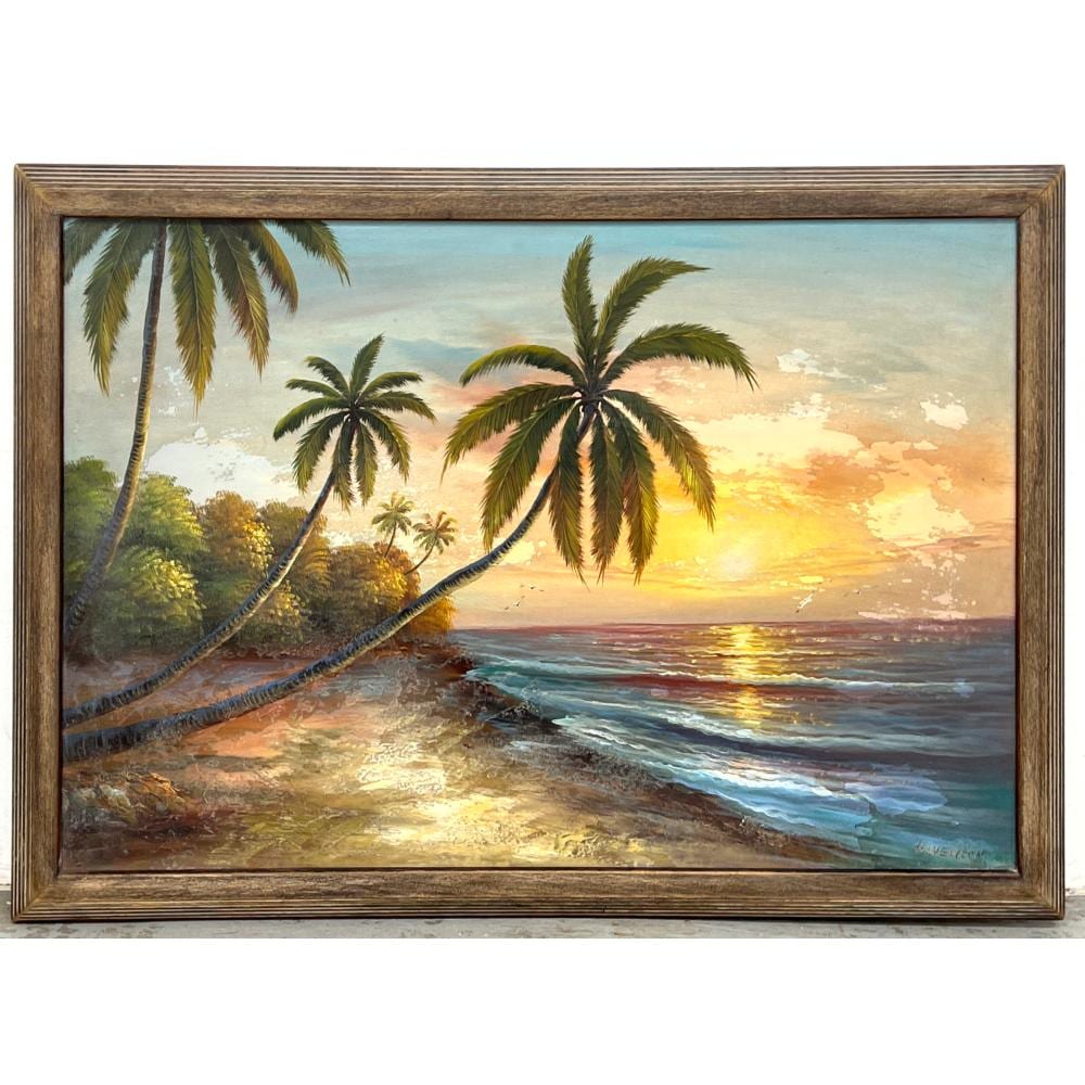 Harold Newton comparable auction result: harold newton florida beach scene landscape painting sunset along beach front with palm trees and