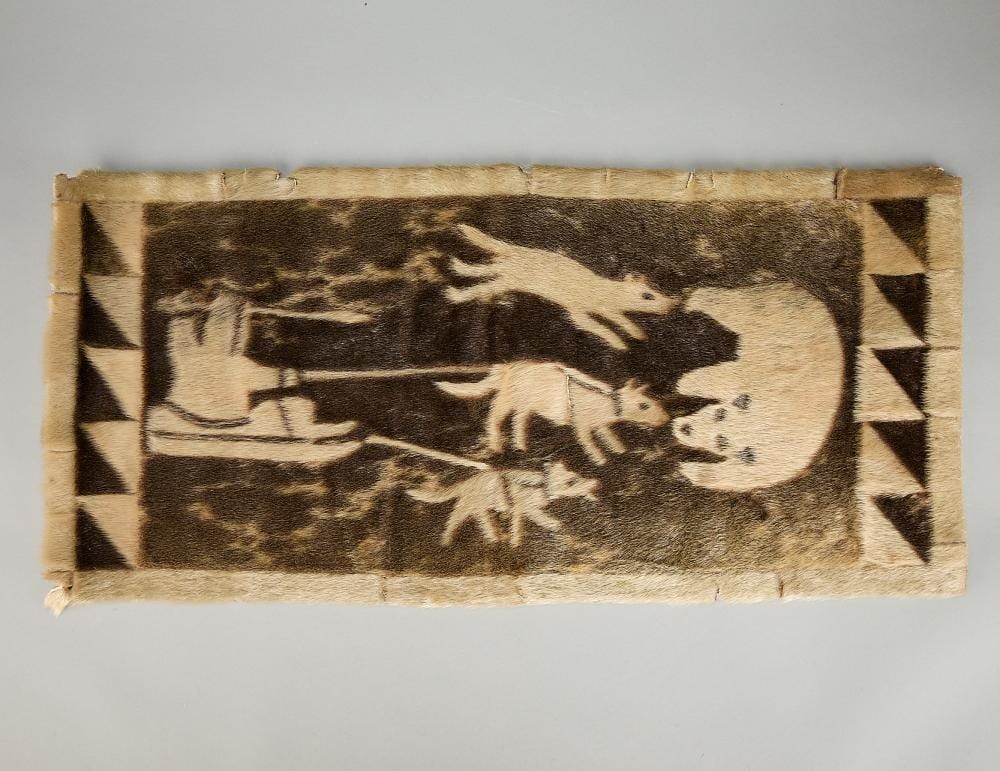 helen kalvak bear dog sled seal skin intarsia · Revere Auctions · 2026-04-14 Helen Kalvak comparable auction result: helen kalvak bear dog sled seal skin intarsia
